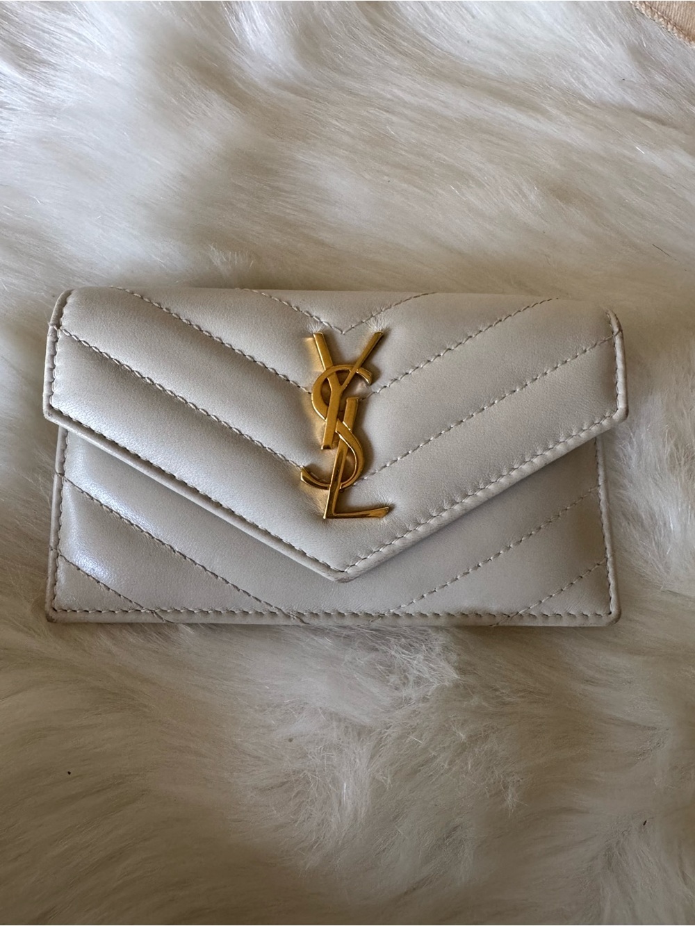 Saint Laurent Cream Quilted Leather Envelope Wallet with Gold YSL Logo